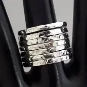 Silver Hammered Statement Seven layered Gypsy Ring Size 8