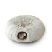 Grey Luxury Plush Cat Bed with Hidden Tunnel - Soft Round