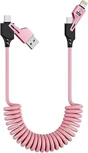 Coiled USB-C and Lightning Cable 2-in-1 Retractable iPhone 15 16 Car Charger Cord Fast Charging Cable 60W 3FT Short Apple CarPlay & Android Auto Charger Cord for iPhone,ipad,Samsung Galaxy,MacBook