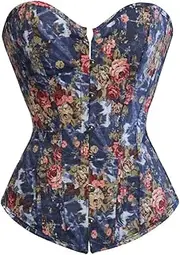 [FAWENLI] Fashion Vintage Corset Bustier Blue Floral Print Corset Gothic Steampunk Bodice Denim Sexy Lingerie Corsage Ov