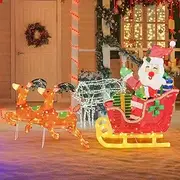 Costway Lighted Christmas Santa Claus & Reindeer w/Sleigh, Outdoor Christmas Decoration Set w/ 239 LED Lights, 12 Ground Stakes, Pre-lit Glittered Holiday Standing Ornaments for Yard, Indoor