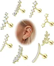 [Diamday] 8 Pcs 16G 316L Stainless Steel Cartilage Stud Earring Set for Women Girls Opal CZ Leaf Bar Flat Screw Back Conch Helix Daith Piercing Jewelry