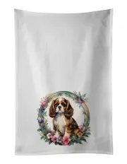 Cavalier Spaniel and Flowers Kitchen Towel Set of 2 White Dish Towels