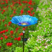 Solar Glass Blue Bird Bath Yard Art Garden Outdoor Birdbath W/Metal Stake