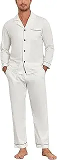 [COLORFULLEAF] Men Pajamas Short Sleeve Pjs Set Cotton Sleepwear Henley Tops with Plaid Pijamas Pants Lounge Set