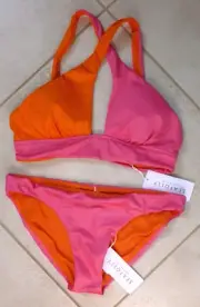 Seafolly Bikini 10 Rio Hot Pink Colour Block Cross Front Tank Top & Hipster Pant