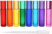 8Pcs 10ml(1/3oz) High-grade Colorful Frosted Roll on Bottles Thick Glass Massage Roller Bottles Tube Vials Containers for Essential Oils, Aromatherapy, Perfumes and Lip Balms+ 1pc 3ml Dropper, Multi,