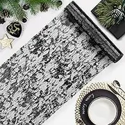 tiosggd Black Table Runner 11''x192'', Sequin Glitter Metallic Foil Thin Mesh Table Runners Roll, Black Centerpiece Table Decor for Halloween Wedding Birthday Party Christmas Decorations