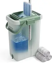 JOYMOOP Mop and Bucket Set with Wringer, Dust Mops for Floor Cleaning, Wall Cleaner with Long Handle, Microfiber Mop - Green Bucket with 3 Reusable 15" Microfiber Pads