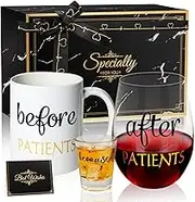 Before Patients After Patients Because Patients Gift Set 11 oz Coffee Mug 18 oz Stemless Wine Glass and 2 oz Shot Glass for Dentist Doctors Unique Nurses Day Valentines Graduation Gifts (Black)