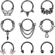 [Kakonia] 9Pcs 16G Dangle Septum Rings for Women 316L Stainlees Steel Septum Jewellery Biling CZ/Bat/Butterfly Dangle Septum Piercing Tragus Helix Earrings Daith Piercing Jewellery 8mm 10mm