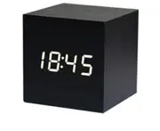 Digital Alarm Clock Wooden LED Light Multifunctional Modern Cube Displays Date Temperature for Home Office Travel-BLACK