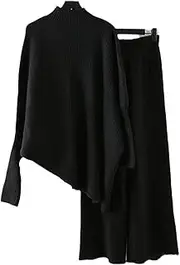 [Tesceses] Women Casual Thick 3 Pieces Knitted Set Turtleneck Pullovers & V-Neck Vests & Wide Leg Pants Winter Sweater Set