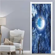 Door Stickers Home Decor 3D Door Sticker Beautiful Moon Sky Forest Wallpaper Living Room Kitchen Waterproof Vinyl Mural(95x215cm)
