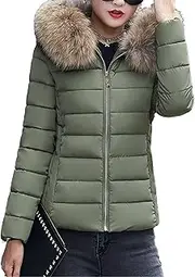 [JEShifangjiusu] Woman with Hat Warm Plumon Clothes with Artificial Collar Thick Coat for Winter Sew A Fluffy Snow Coat, Green, XL