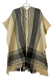 Ann Taylor Loft NONE Women's OSFA Plaid Fringe Trim Poncho Sweater Wrap Oversize