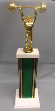 gold weightlifting trophy wide green column weighted white base award