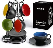 MIAMIO - Set of 6, Ceramic Stackable Cappuccino Cups Set / 175 ml Cappuccino Mugs and Saucer with Metal Stand for Coffee Drinks, Cappuccino, Latte, Americano and Tea - Le Papillon Collection (Mixed)