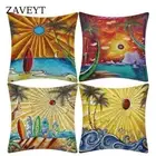 Summer Beach Tropical Coconut Tree Surfboard Linen Cushion Cover Square
