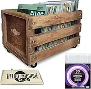 Retro musique Wooden 12” LP Vinyl Record Storage Crate on Wheels Holds up to 100 albums (In PVC Sleeves) with Hessian Cloth Cover includes 40 Vinyl Record Outer Sleeves (Oak Finish)