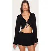 Black Cheesecloth Ruffle Tie Front Long Sleeve Top, Black