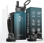Coolflask Water Bottle 32 oz 940ml Insulated with Straw, Stainless Steel Metal 3 Lids Water Flask Wide Mouth for Sports or Office, BPA-Free Keep Cold Up to 48 Hrs or Hot Up to 24 Hrs, Samurai Cyan