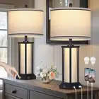 27" Tall Vintage Table Lamp Set of 2 with USB C+A & Outlet,Black Industrial E...