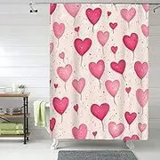 Valentine's Day Pink Heart Print Shower Curtains 60x72in, Waterproof Bathroom Curtain with 12 Hooks, Home Bathroom Decor