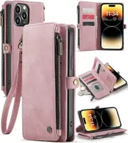 iPhone 14 Pro Max Case, iPhone 14 Pro Max Case Wallet for Women Men, Durable Leather Magnetic Buckle Flip Strap Wristlet Zipper Card Holder Phone Case