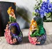 Nautical Mermaid Mergirl Sitting By LED Light Geode Crystal Cave Figurine Set 2