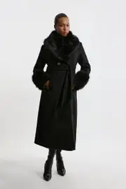 Plus Size Wool Blend Detachable Faux Fur Belted Midi Coat