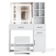 Advwin Dressing Table Stool Set with Charging Station HD Lighted Mirror White