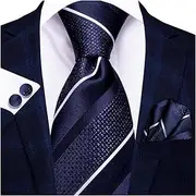 [VSOLS] Men's Blue Black Striped Tie 3.4" Tie Pocket Square Cufflinks Wedding Party Silk Tie Set (Color : SN-3373, Size : 59.06 * 3.35in)