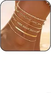 [Hebterrka] 5 Piece Gold Ankle Bracelets Set for Women Waterproof, 14K Gold Plated Anklets with Cuban Link, Layering, Gift (Style 2), X-Large, Plastic