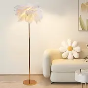 Natural Ostrich Feather Floor Lamp, Simple Modern Bedroom and Living Room Standing Lamp, Golden Lamp Body, G4-LED Bulb (White)