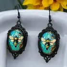 Bumblebee Honey Bee Blue Mosaic Portrait Cabochon Black Earrings Glass Dome Buzz