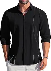 [LETSEE] Men's Cuban Guayabera Shirt Long Sleeve Button Down Shirts Summer Beach Linen Shirts