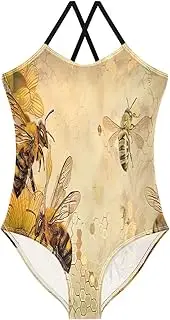 [RPLIFE] Girl Bathing Suits 3-10 Y Beach Swimsuit Girls, Vintage Bees Sunflowers