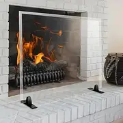 Clearly Innovative - Glass Fireplace Screen | Free Standing Fireplace Screen with Stylish Beveled Edge | Finished Metal Stand | Clear Glass, Black Base | 26" H x 36" W Glass (27” H Installed)