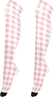 [FRODOTGV] Pink Checkerboard Over Knee Tights Socks for Women Soft Over Knee Thin Tight Long Stocking for Ladies Thigh High Winter Socks, Pink Checkerboard