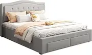Velvet Padded Upholstery Slats MDF Drawers with Wheels Queen Bed Frame in Grey Color