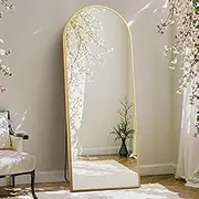 DUMOS Arched Full Length Mirror with Stand 64"x21" Floor Standing Aluminum Frame for Bedroom Body Hanging Leaning Modern Simple Home Decor Shatter-proorf Nano Glass Wall Living Room Cloakroom Gold