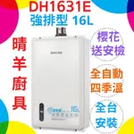 櫻花熱水器 DH1631E 強制排氣16L熱水器 16公升 櫻花四季溫 櫻花熱水器 櫻花16公升強排熱水器 DH1631