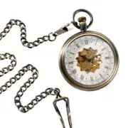 Men Pocket Watch Mechanical Steampunk Skeleton Retro Chain Open Face Fob Watches