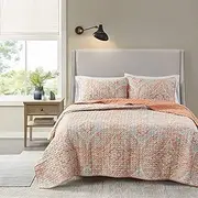 Comfort Spaces Reversible Quilt Set-Double Sided Vermicelli Stitching Design All Season, Lightweight, Coverlet Bedspread Bedding, Matching Shams, Full/Queen(90"x90"), Gloria, Damask Coral 3 Piece