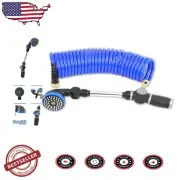 Flexible 25ft Blue Coiled Water Hose with Shower Wand - Lightweight Convenience