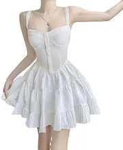 [Generic] Women Summer Spaghetti Strap Square Neck Tiered A Line Flowy Mini Dress
