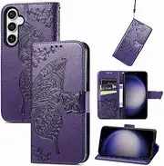 [SATURCASE] Case for Samsung Galaxy S23 FE, Butterfly Flower PU Leather Flip Magnet Wallet Stand Card Slots Hand Strap Protective Cover for Samsung Galaxy S23 FE (HF-Purple)
