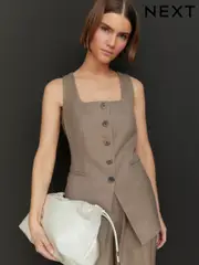 Neutral Cross Hatch Square Neck Button Through Waistcoat (E94307) | $79