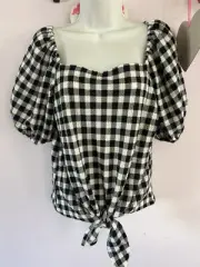 Loft Gingham Square Neck Small Tie Front Top NWT Black And White Puff Sleeve